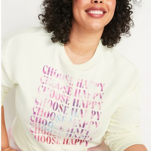 3X Old Navy Yellow Choose Happy Sweatshirt Loose Graphic Cropped Crew Neck Pluss - Picture 1 of 7